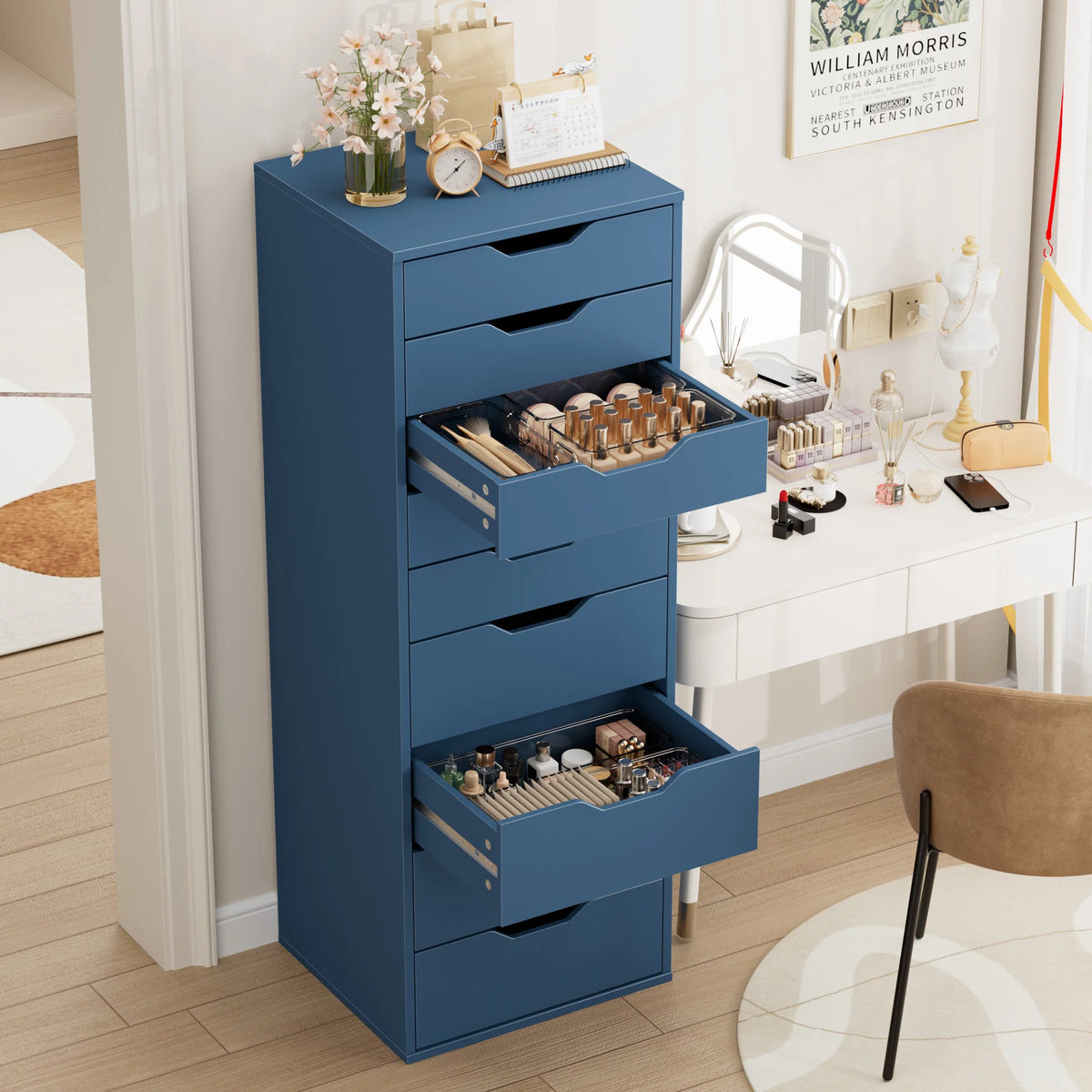 Getone Cômoda Quarto, Cômoda alta, Armário de armazenamento branco, Armário alto com 9 gavetas para sala de estar 124,3x45x40cm