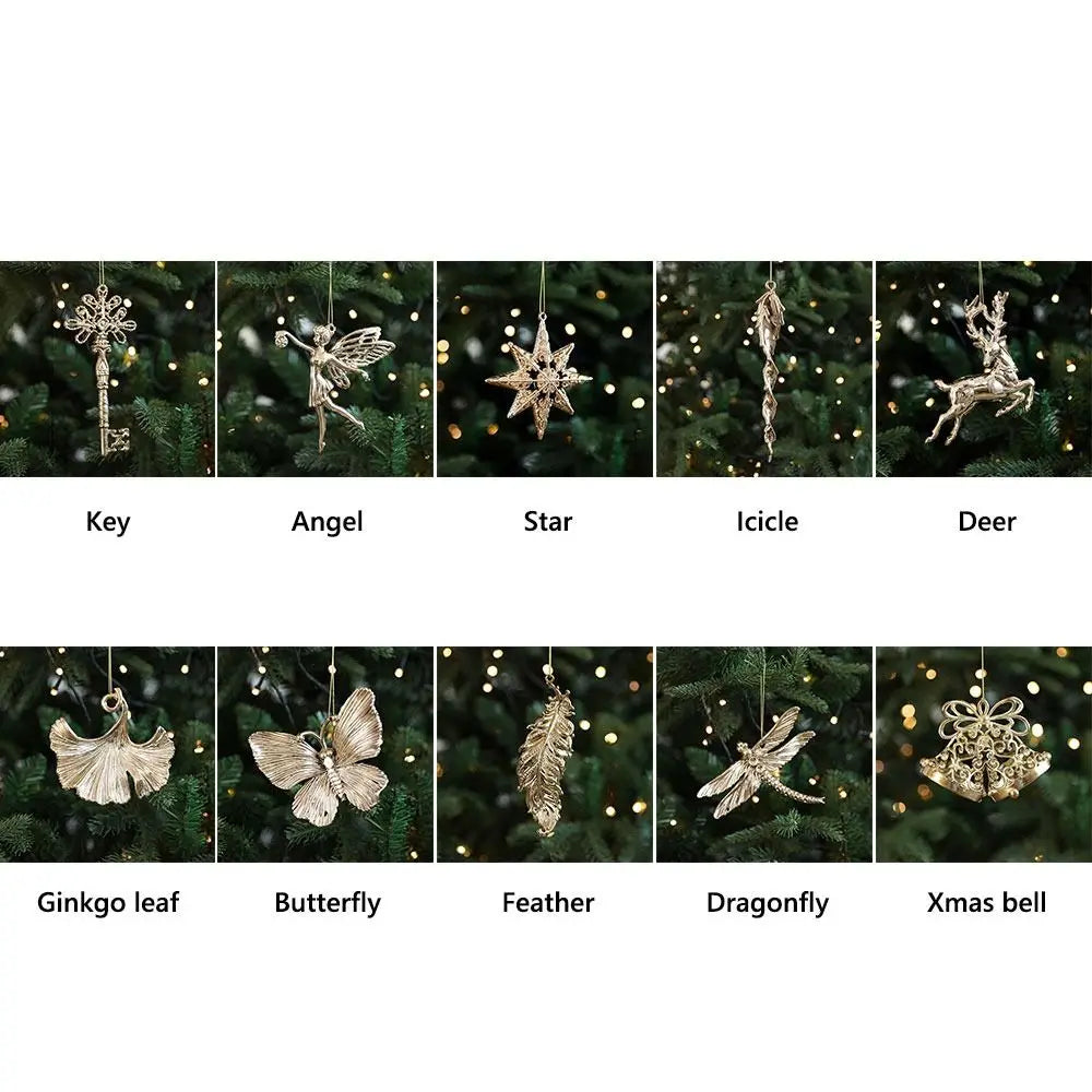 Ouro natal pendurado decoração de plástico borboleta libélula árvore de natal ornamento anjo floco de neve vitrine enfeites de natal