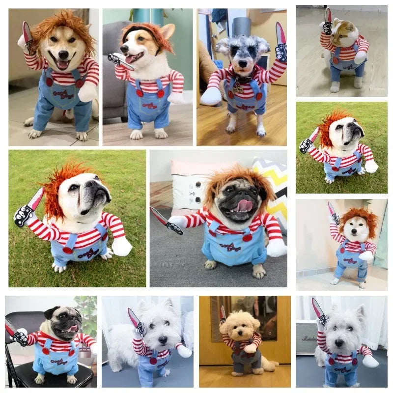 Halloween roupas para cães de estimação transformados vestuário para animais de estimação e peruca para festa de férias suprimentos para animais de estimação engraçado boneca sangrenta com faca traje do cão