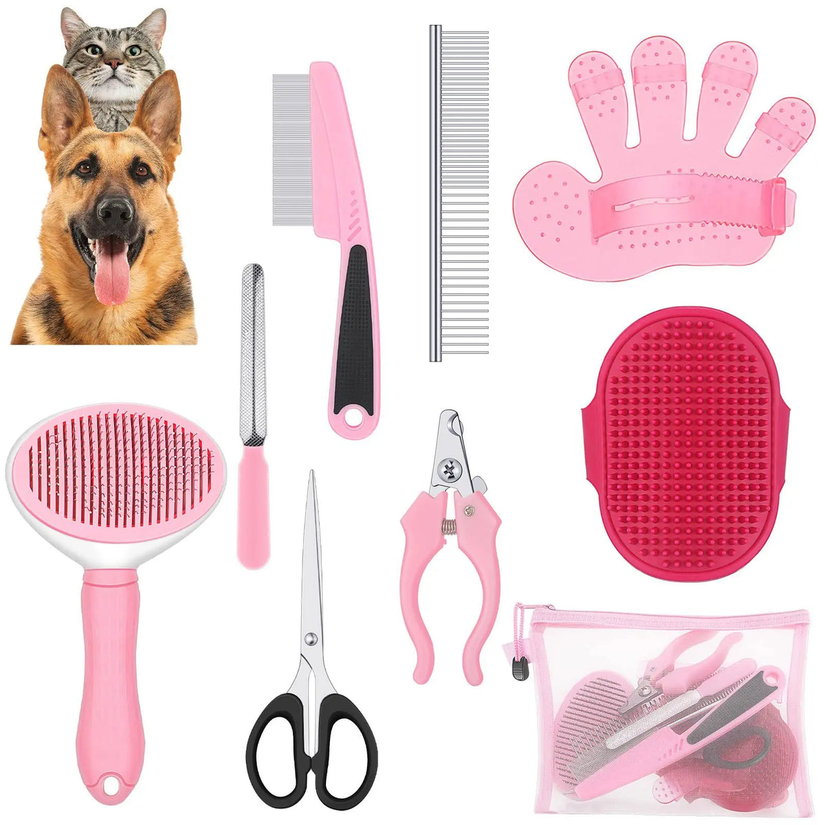 Kit de Beleza para Gatos com 8 Peças: Escova, Cortador de Unhas e Lixas, Kit de Higiene para Animais de Estimação, Pente Antipulgas
