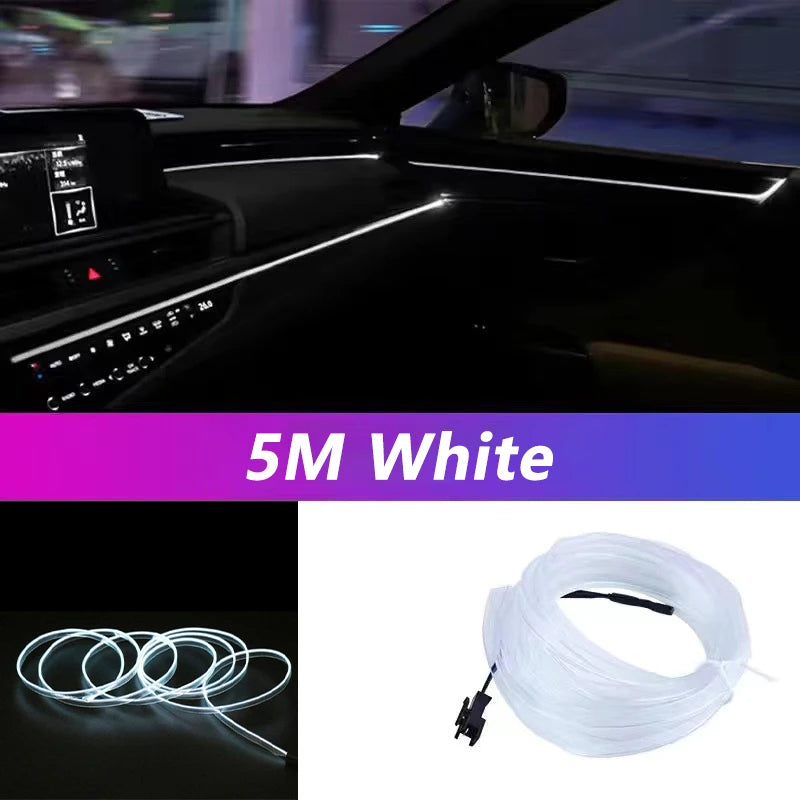 Carro Interior LED Strip Light, Neon EL Fiação, Lâmpada Decorativa para Auto, Luz Ambiente Flexível, Diodo de Festa Atmosfera, USB, 5m
