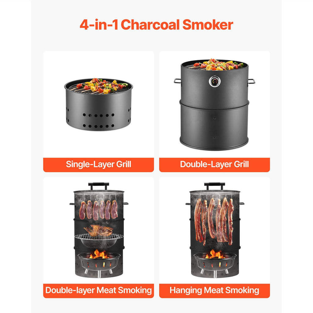 18.5\" Barrel Outdoor Charcoal Smoker Grill Coated Steel BBQ with 2 Grilling Grates and 1 Hanging Feature for Backyards