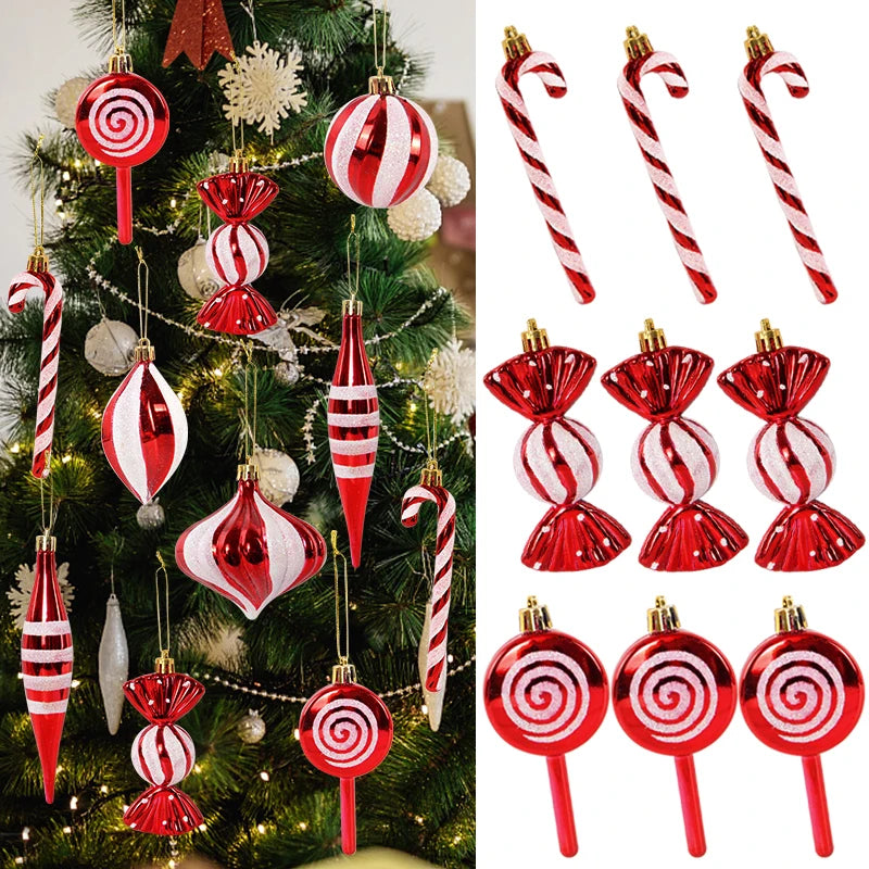 14 pçs/caixa natal doce cana bola vermelha ornamentos árvore de natal pendurado pingentes navidad ano novo decorações para casa 2024 presente natal