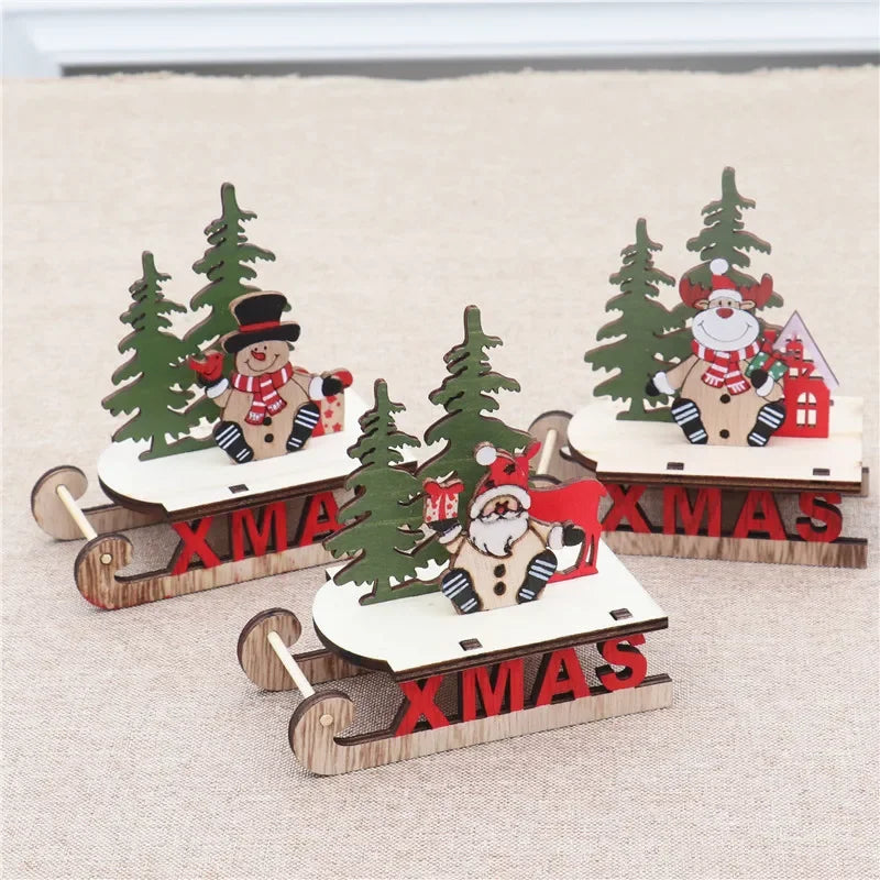 Decorações de natal de madeira diy trenó esqui dos desenhos animados santa ornamento de mesa presente das crianças pequeno presente