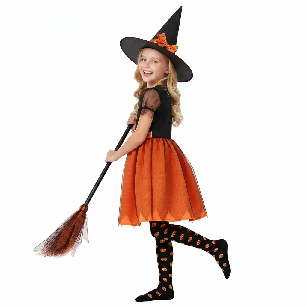 Fantasia de Halloween para Meninas 2026: Vestido de Abóbora e Bruxa com Chapéu para Carnaval e Festas - Roupa Infantil