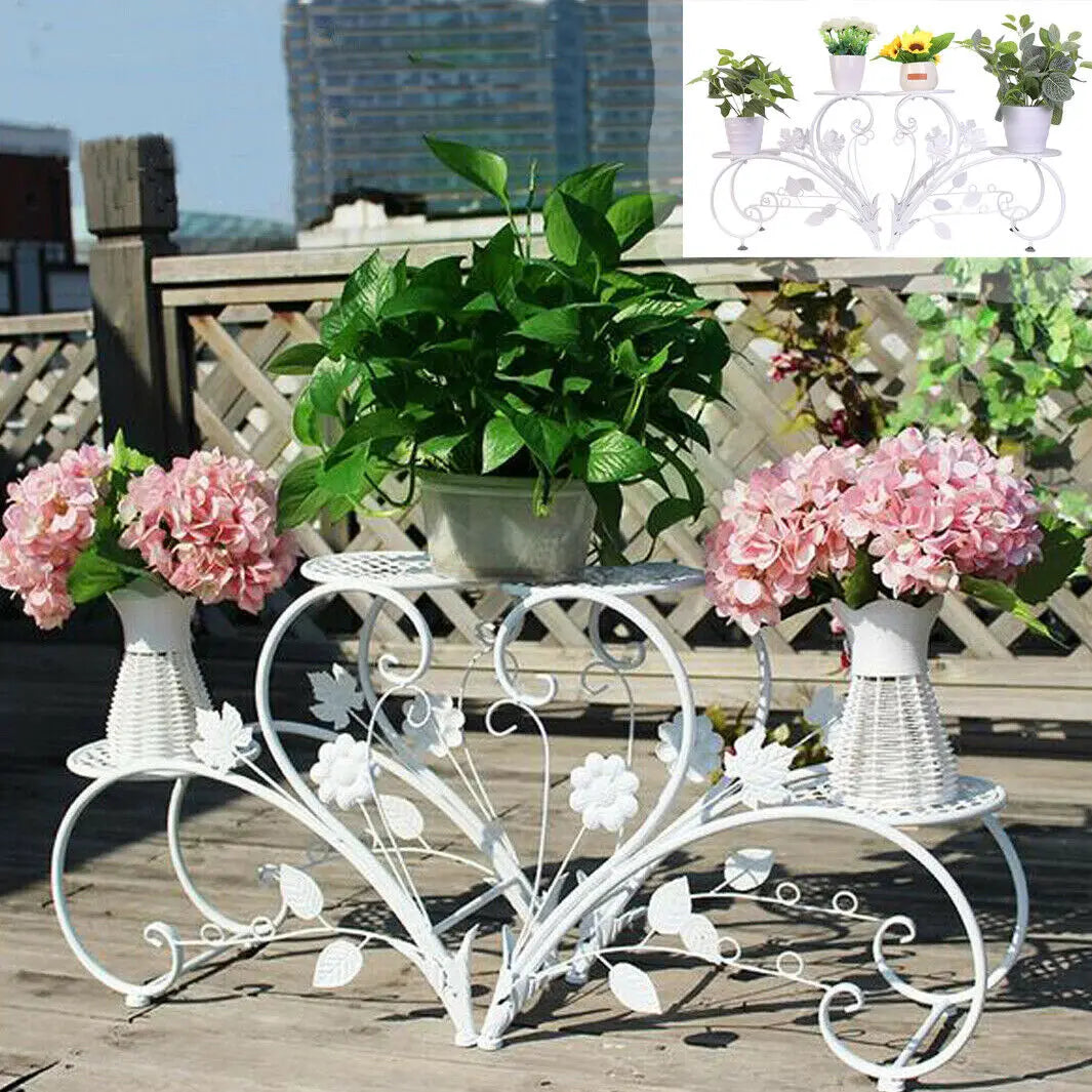 Suporte de Metal Antiferrugem para Plantas, Estante Expositora para 4 Vasos de Flores, para Jardim, Varanda, Escritório, Branco e Preto