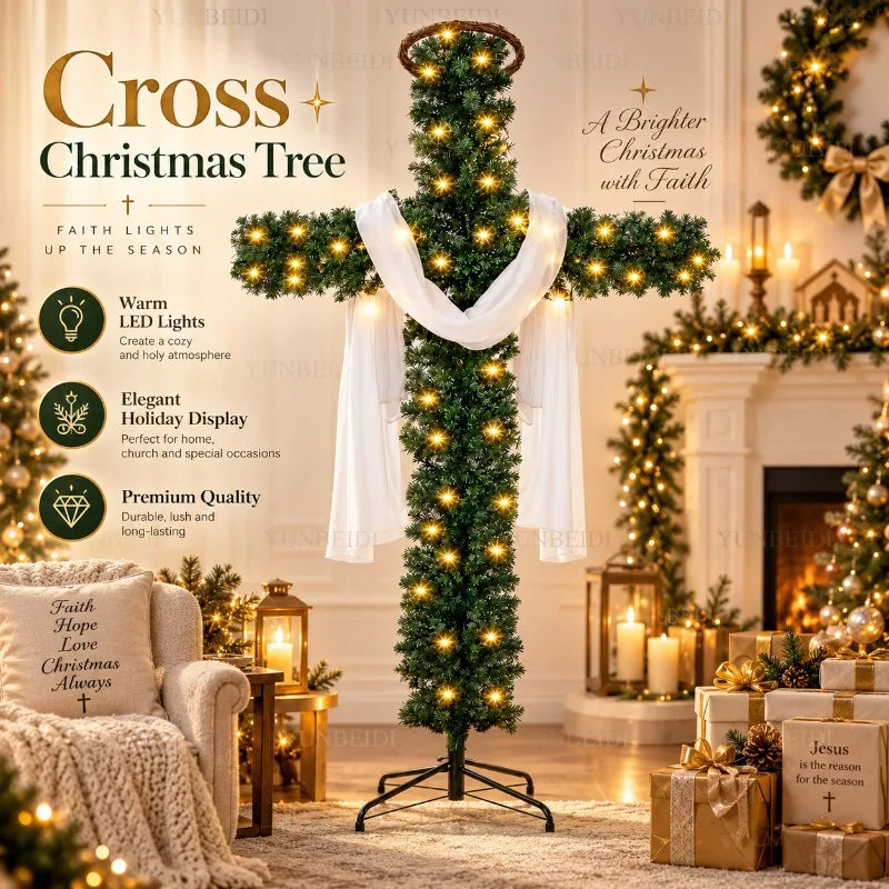 Decoração de Árvore de Natal em Forma de Cruz de 150/180cm com Luzes LED Quentes, Decoração Religiosa para Árvore de Natal, Jardim, Igreja e Festas
