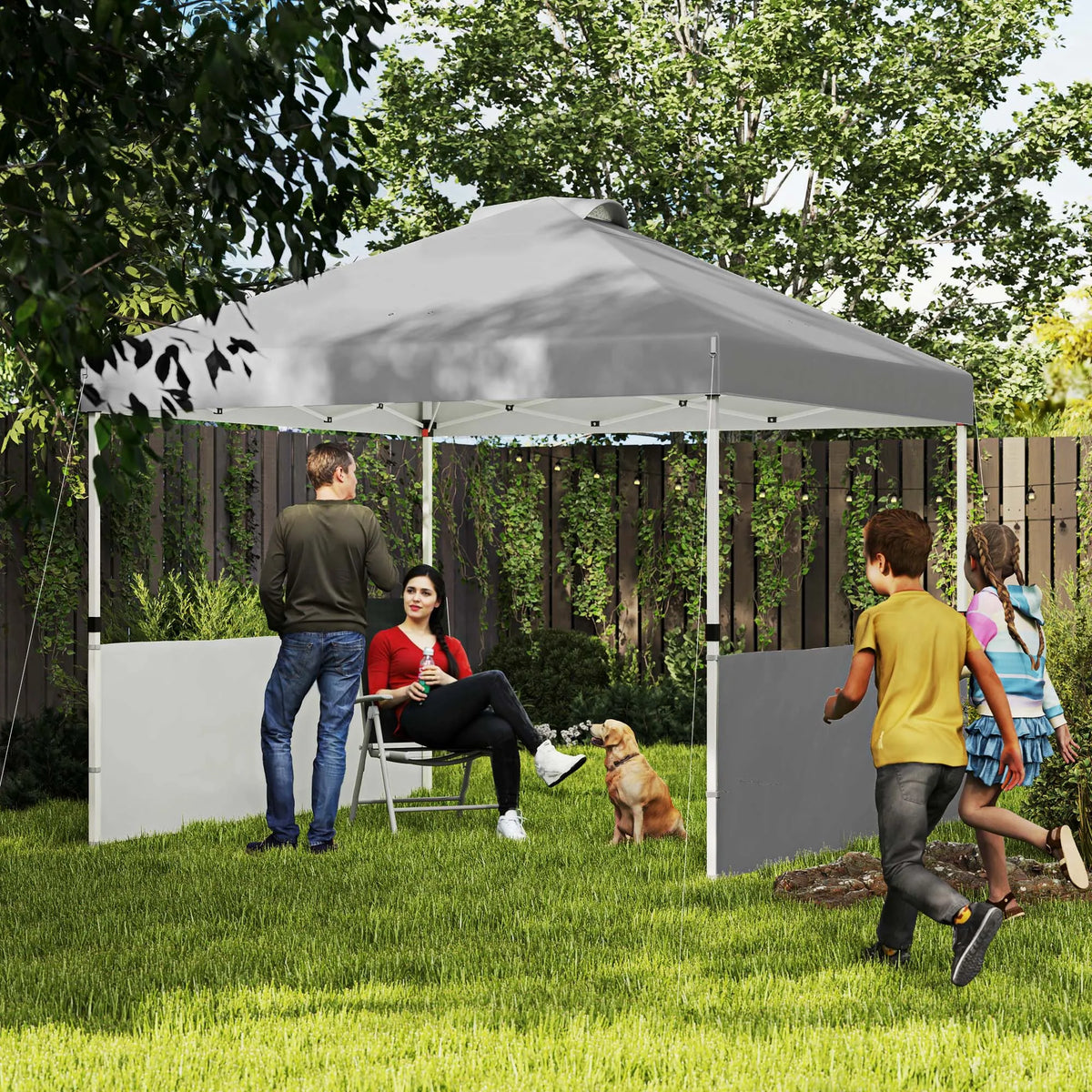 Tenda Pop-up 10' X 10' com 2 Meias Paredes Laterais, Cinza Escuro