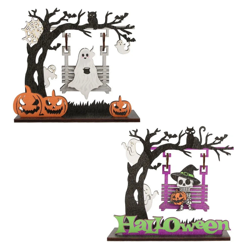 Enfeite de Mesa de Madeira para Halloween, Decoração de Mesa com Esqueleto e Abóbora Coloridos para Festa de Halloween e Decoração de Mesa em Casa - Kasa & Pet