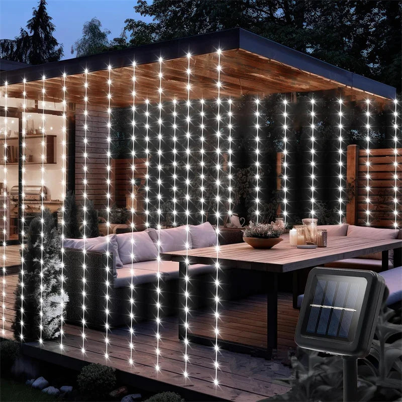 Solar led cortina de luz ao ar livre guirlanda solar fada luz da corda fio cobre lâmpadas para jardim quintal festa casamento decoração do feriado