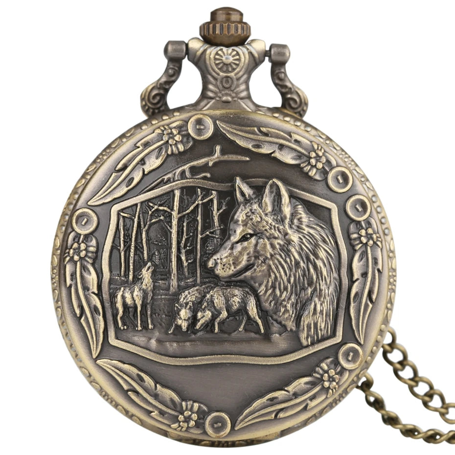 Vintage Bronze Wolf Animal Head Relief Quartz Pocket Watch with Necklace Chain Pendant Great Gift for Men's Kids Clock Watch