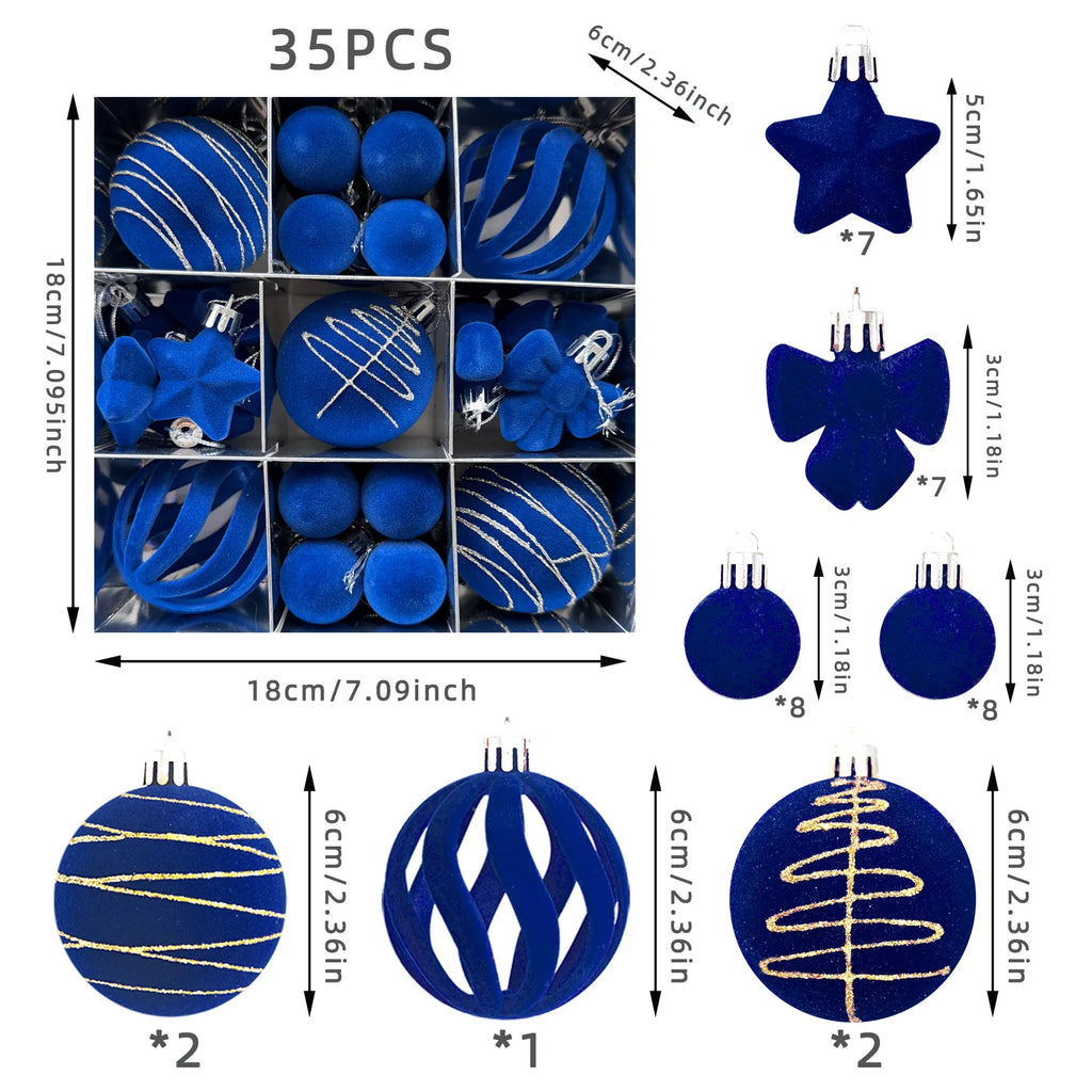 Conjunto de 35 bolas de Natal, enfeites para pendurar na árvore de Natal, veludo azul royal, formatos variados, decoração para festas de fim de ano.