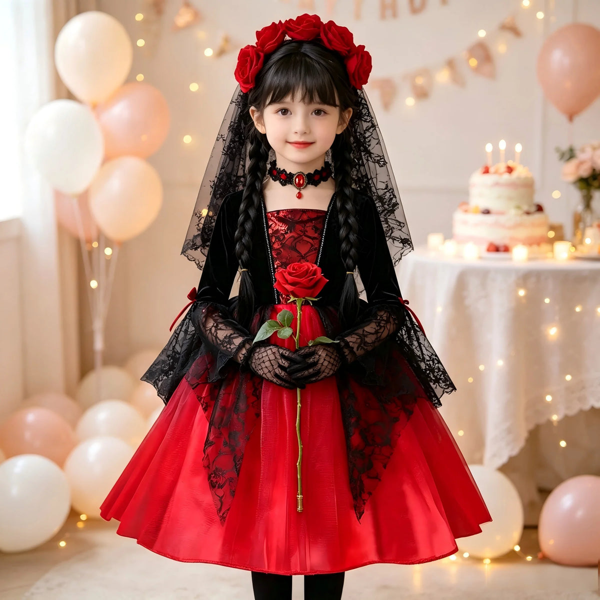 Fantasia de Halloween para Meninas: Cosplay Gótico de Noiva Fantasma, Bruxa, Vampira, Vestido Tutu Vermelho e Preto, Peruca, Véu, Kits para Festas de Halloween