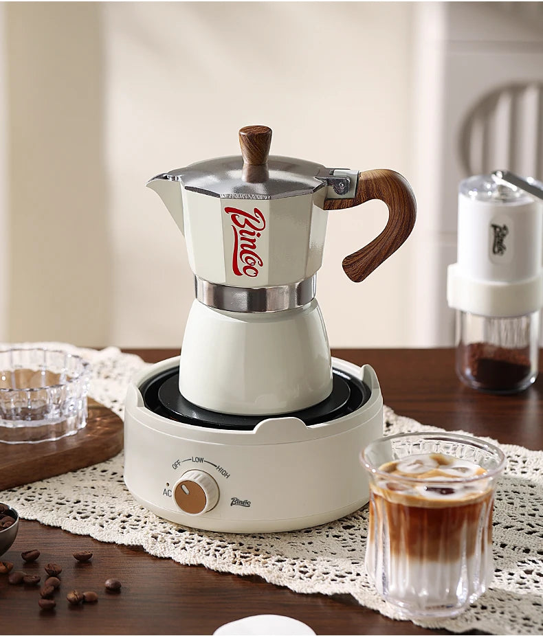 Bincoo Moka Pot e Fogão Elétrico Combo Máquina de Espresso Design Compacto para Pequenos Espaços para Ricas Preparação de Café em Estilo Italiano