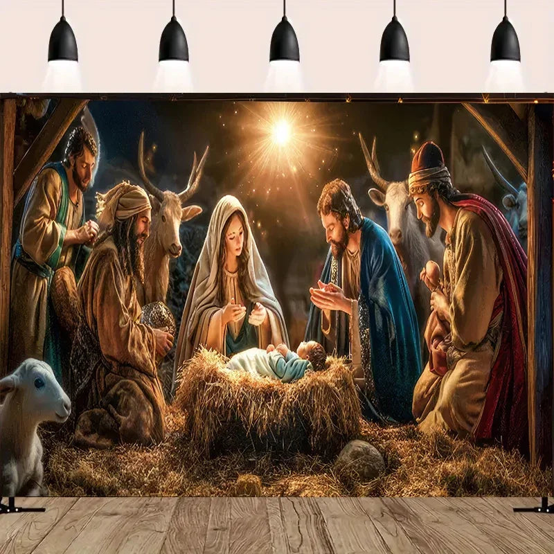 Tapeçaria de Presépio Noite Estrelada, Decoração de Parede Religiosa Tradicional para Natal e Aniversário