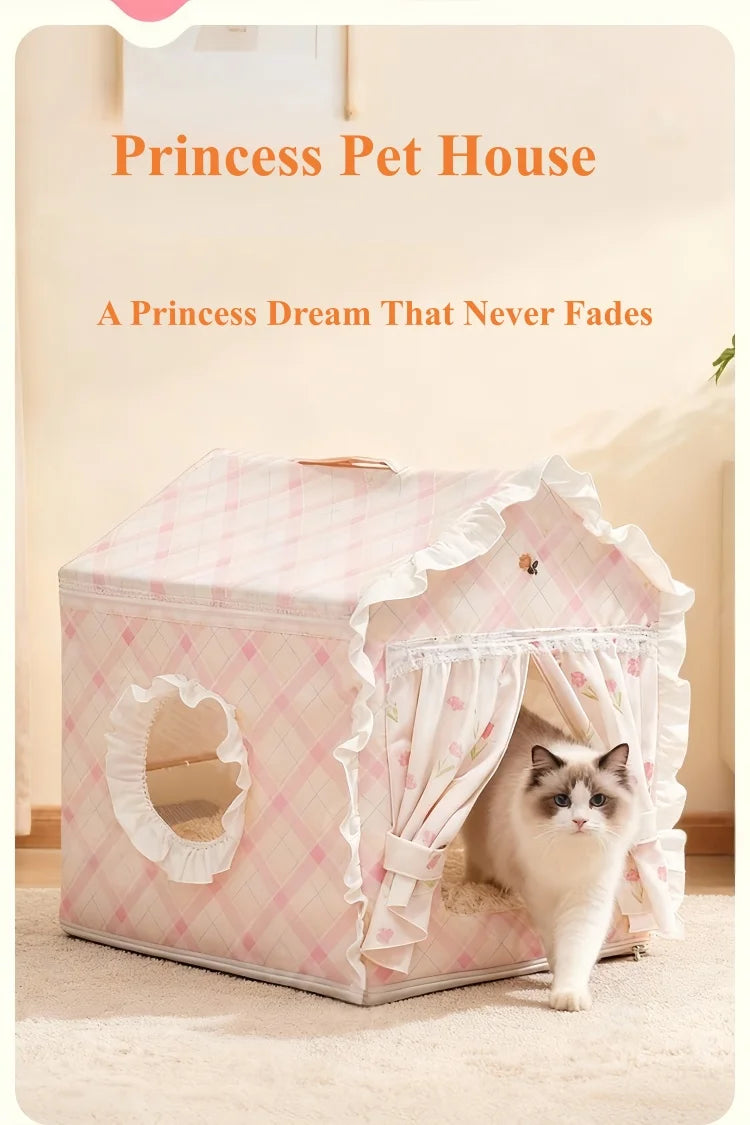 Casa para Gatos Floral Fofa com Tenda, Cama Semi-Fechada Removível e Lavável para Gatos/Cães
