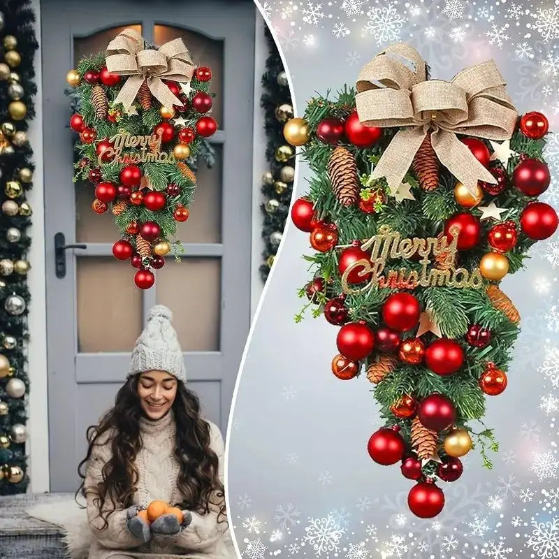 Bolas de decoração de natal, enfeites de árvore de cabeça para baixo, decorações criativas de exibição de janela, suspensão de porta de videira com arco