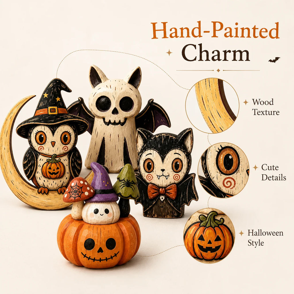 Decoração de Mesa de Madeira para Halloween, Figuras Pintadas à Mão de Coruja, Fantasma, Abóbora e Gato Vampiro para Decoração de Prateleira e Festa