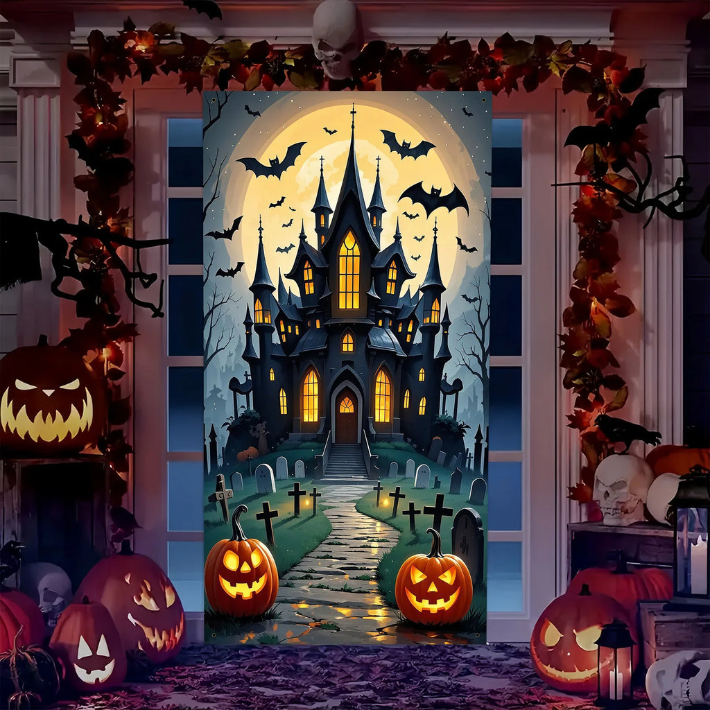 Decoração de Porta Assustadora para Halloween - Material de poliéster, design de lua cheia e castelo fantasma, perfeito para decoração de festas
