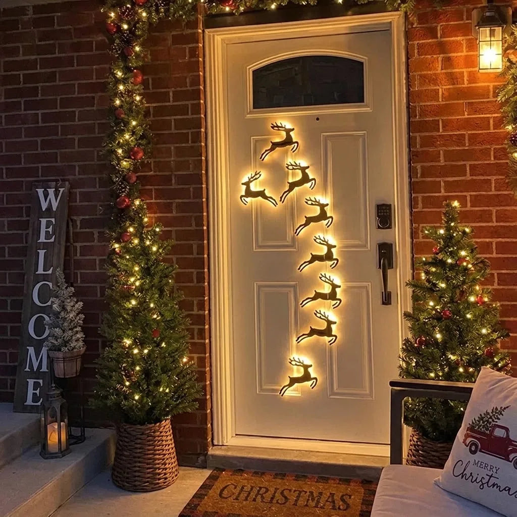 Decoração de parede natalina com luzes LED, trenó do Papai Noel, renas, árvore de pinheiro, encaixe recortado, para pendurar na moldura da porta, decoração para festas e celebrações em casa.