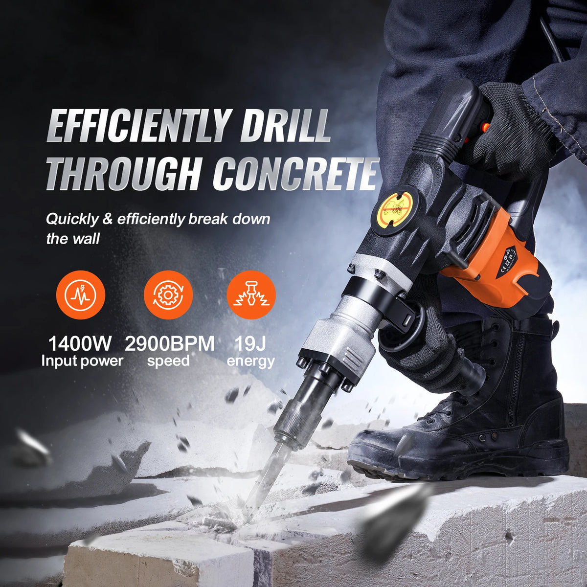 SucceBuy 1400 W Martelo de demolição Martelo elétrico Heavy Duty 2900 BPM Disjuntor de concreto 2 peças Cinzel Bits Chipping