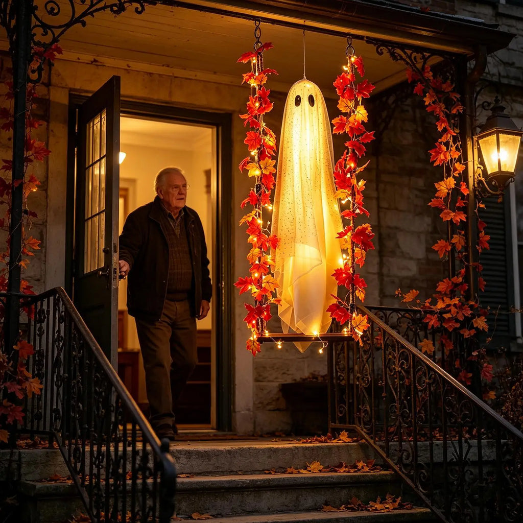 Decoração de Varanda para Halloween: Fantasma Balançante Brilhante com Chapéu de Bruxa e Luz para Pendurar no Jardim