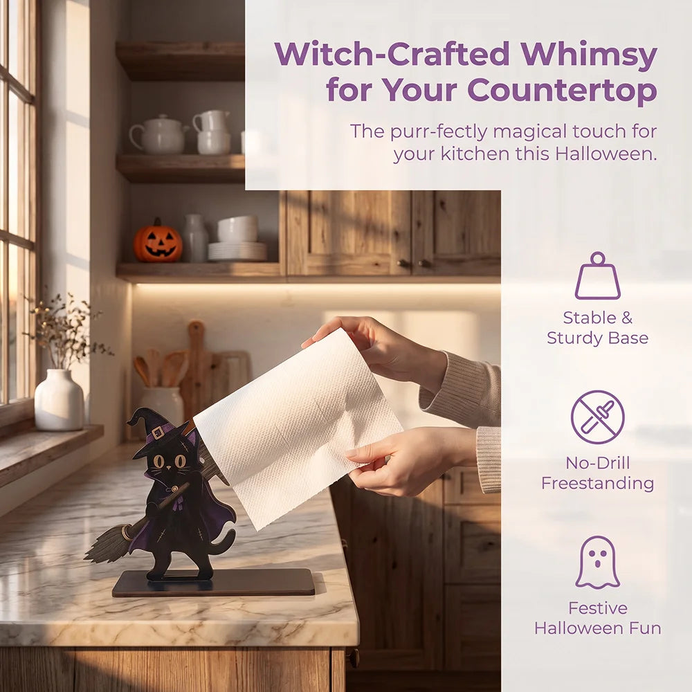 Suporte de Papel Toalha de Madeira para Halloween com Decoração de Esqueleto Assustador, Fantasma, Abóbora e Gato para Mesa de Cozinha e Banheiro