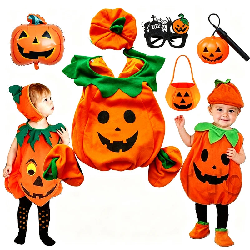Macacão Infantil 2026 para Meninas e Meninos, Fantasia de Abóbora de Halloween com Chapéu, Cosplay para Apresentação em Palco, Fantasia para Festa de Natal