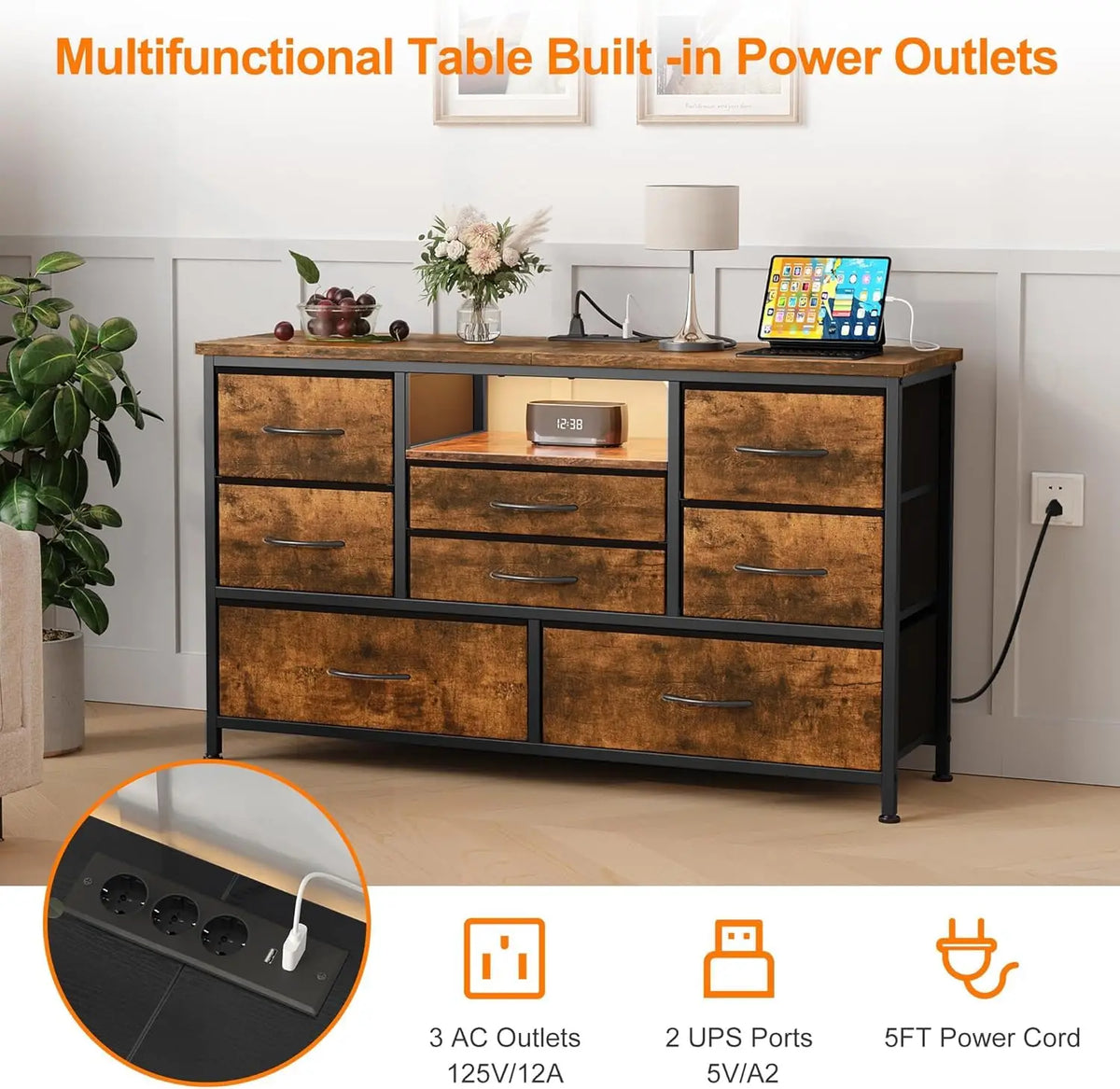 Cômoda de Tecido com 8 Gavetas e Suporte para TV com Luzes LED, Estação de Carregamento e Unidade de Armazenamento para Quarto de Bebê, Sala de Estar e Corredor