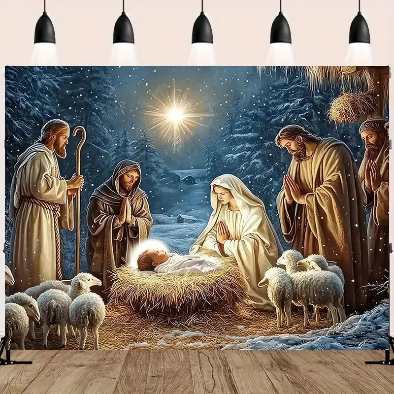 Tapeçaria de Presépio Noite Estrelada, Decoração de Parede Religiosa Tradicional para Natal e Aniversário