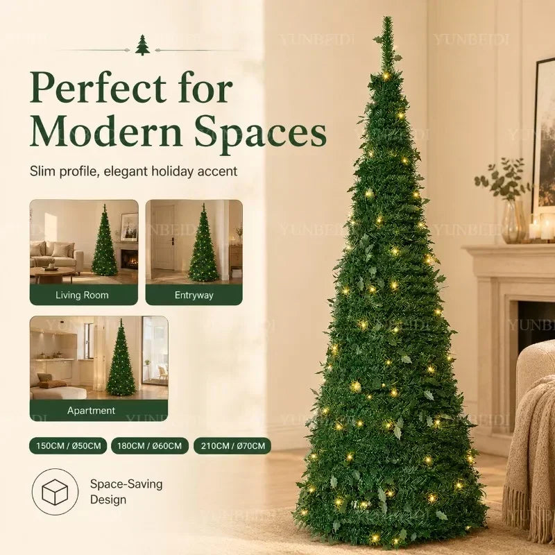Árvores de Natal Artificiais com Luzes LED Decorativas, Tudo em Um, com Alturas de 1,5m a 2,1m, Decoração de Natal para Casa
