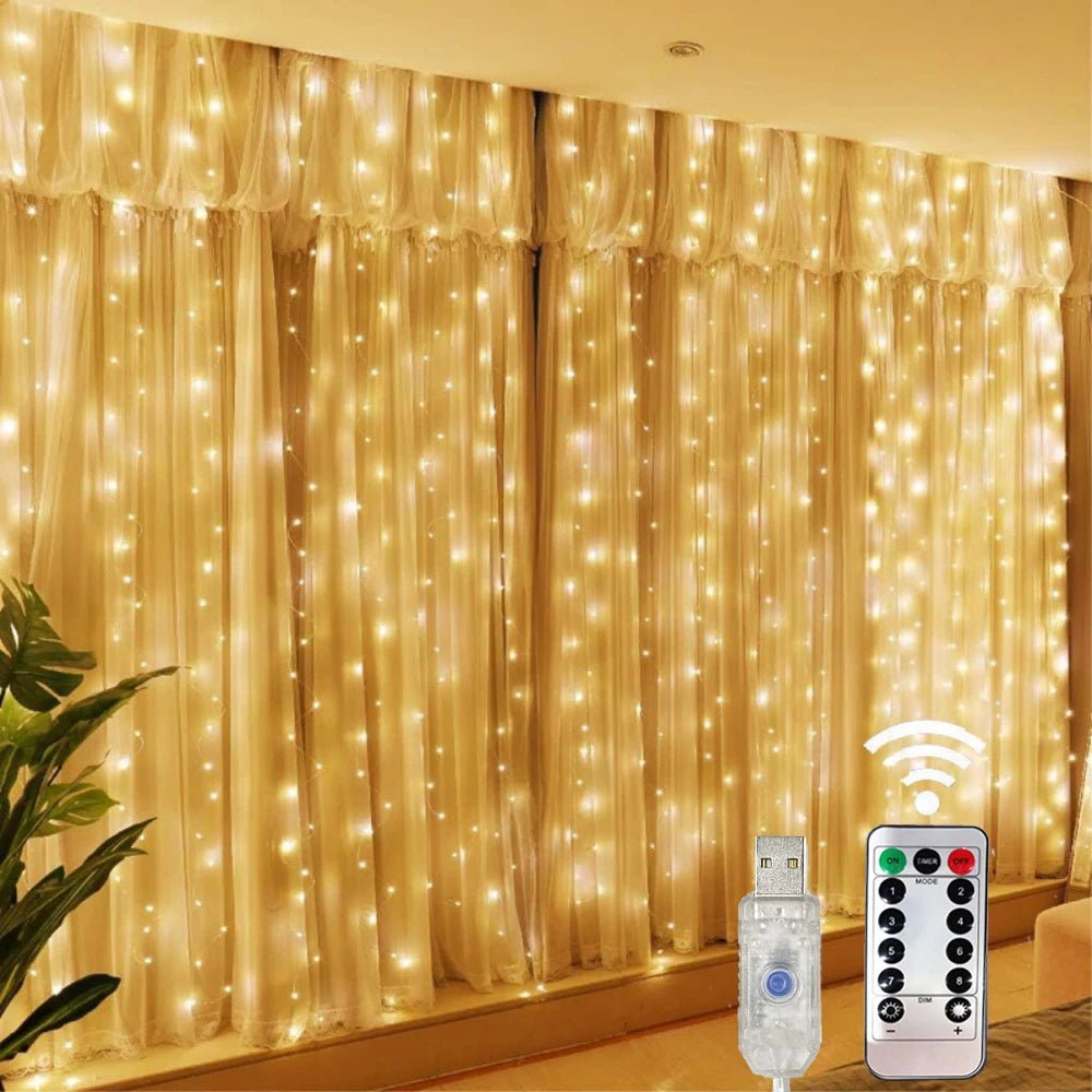 Luzes de Natal LED, Cortina de Luzes de Fada com 8 Modos, Controle Remoto USB, Decoração de Natal para Casa, Lâmpada de Ano Novo - Kasa & Pet