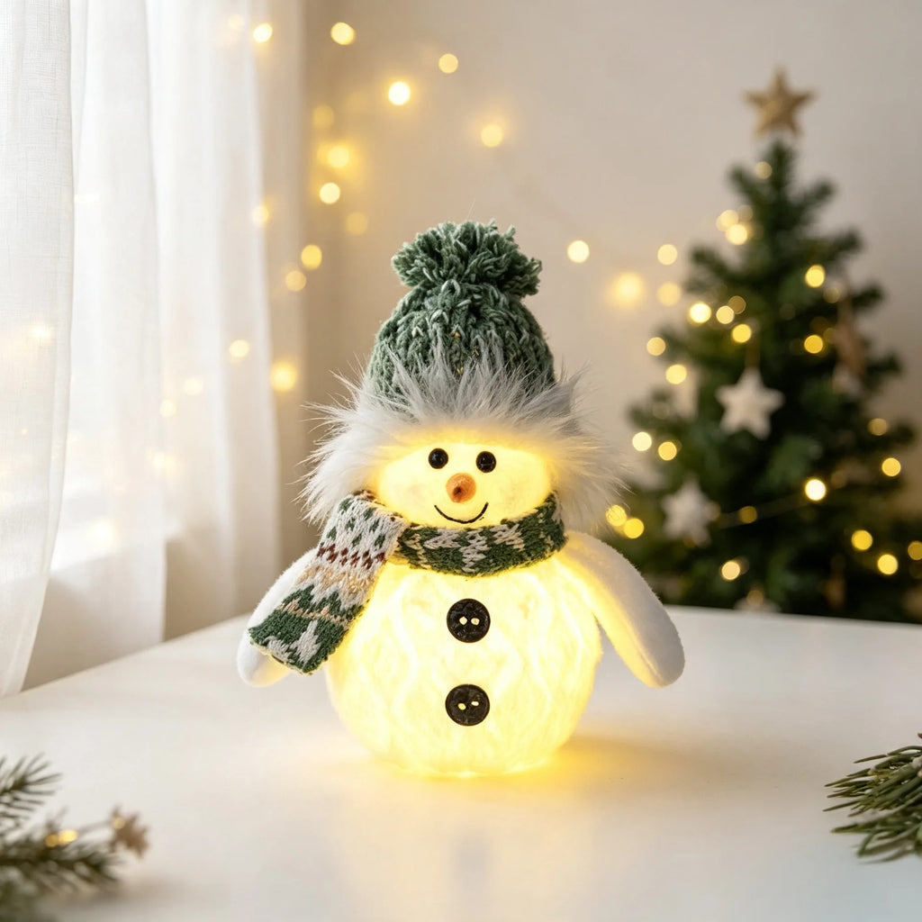 Boneco de neve de pelúcia com luzes de Natal, decoração de mesa de Natal, para uso interno, artigos para festas de Natal, presente.