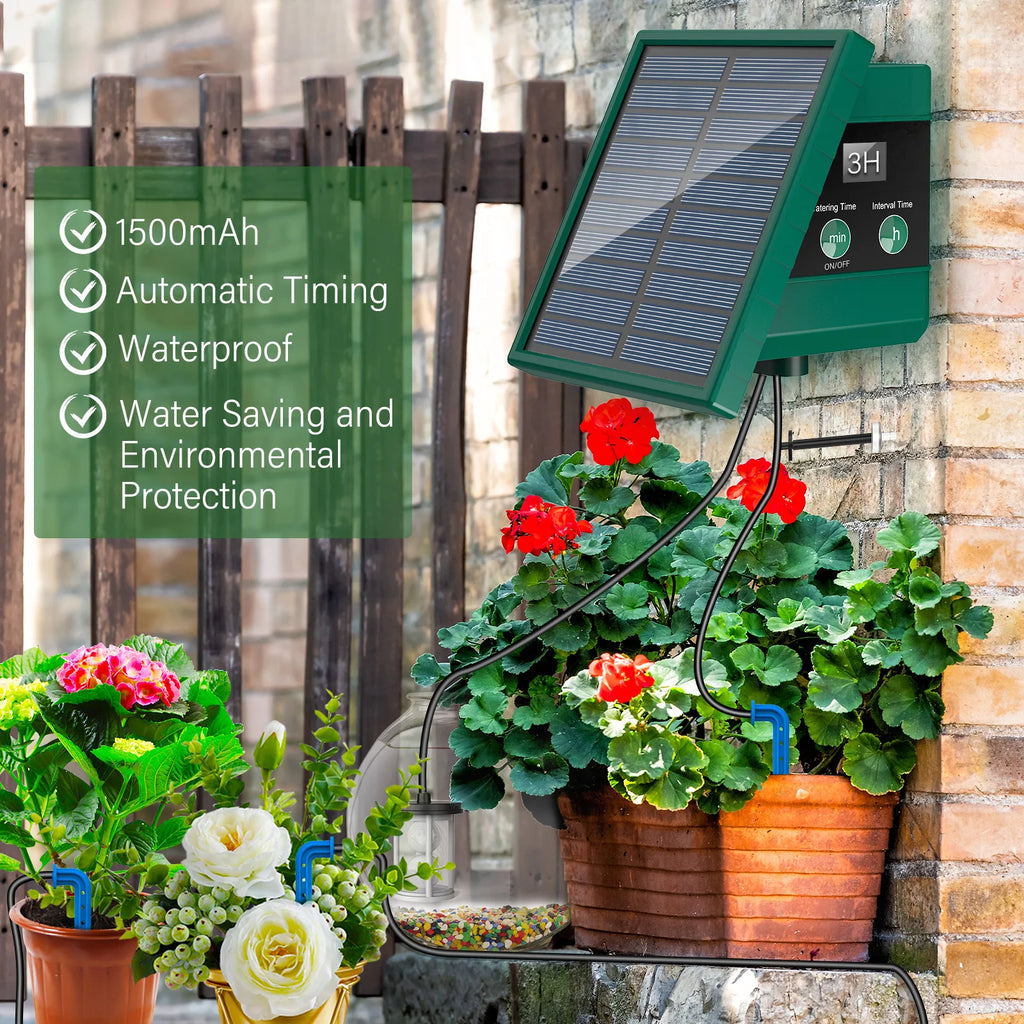 Sistema de irrigação solar, sistema de rega automático com 300 programas de rega, kit de rega para jardim com mangueira de 10m e 10 pontas de gotejamento, etc., adequado para vegetais/plantas em vasos/árvores frutíferas
