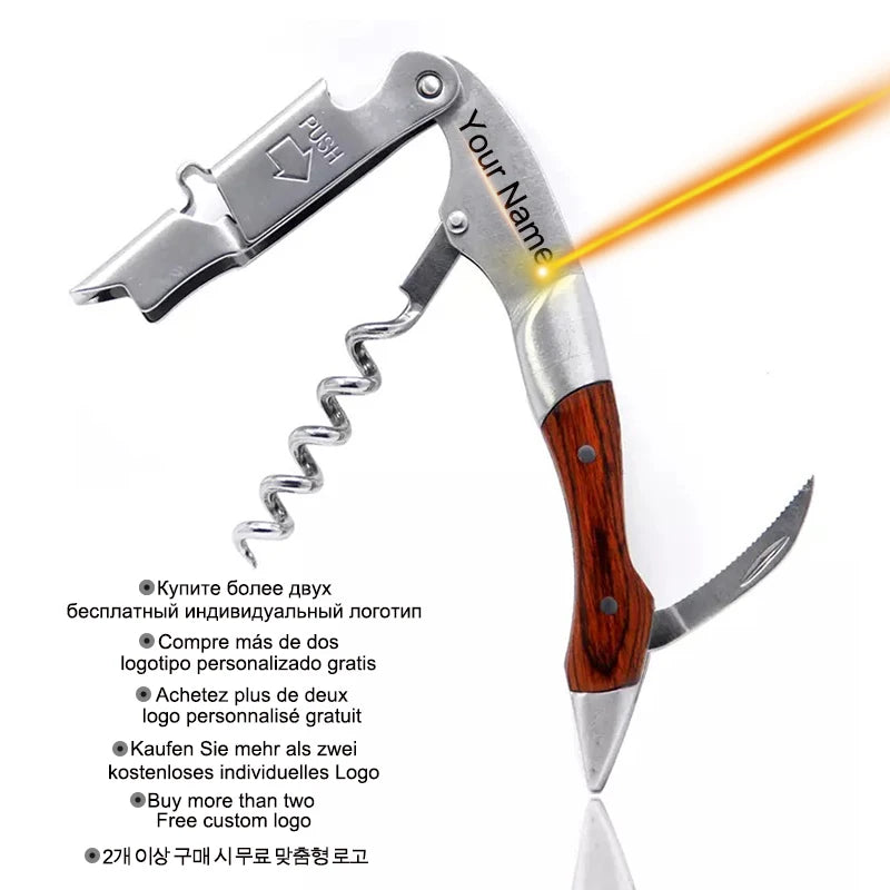 Abridor de vinho portátil profissional com punho de madeira, garçons Corkscrew, Beer Bottle Cap Opener com saco PU, Wine Stopper
