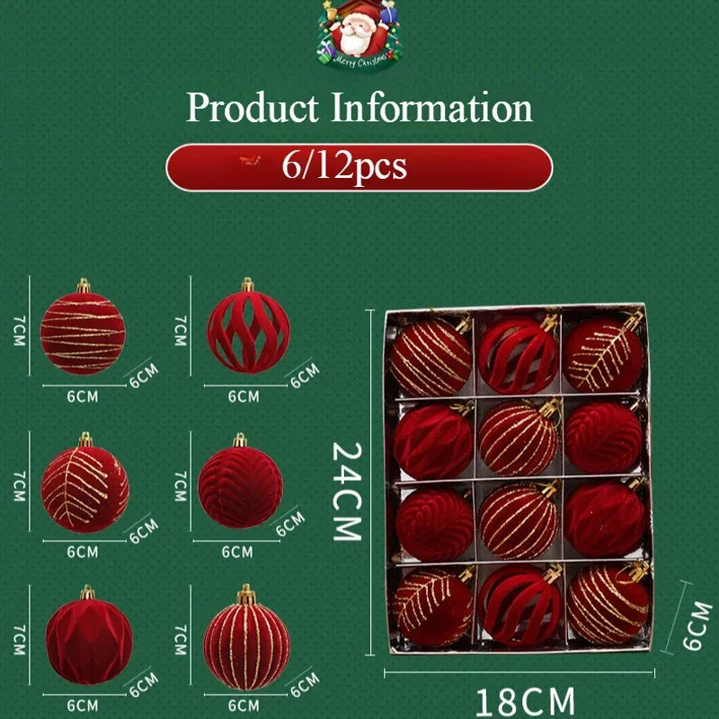 12 Peças de Enfeites de Árvore de Natal em Veludo, Bolas de Natal Flocadas, Decorações de Bolas de Natal, Enfeites de Natal para Pendurar na Árvore