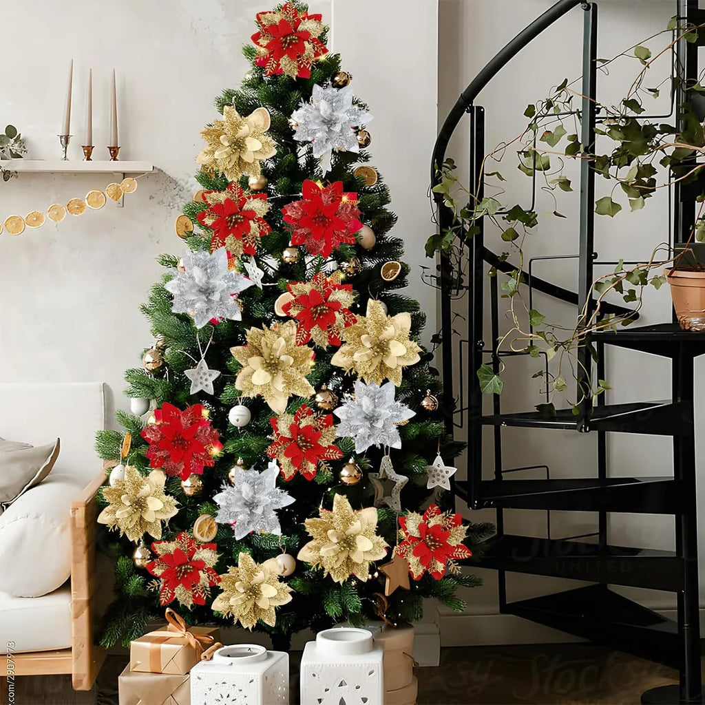 Natal glitter flores artificiais árvore de natal pendurado ornamentos flor falsa para casa 2025 natal ano novo 2026 navidad presente