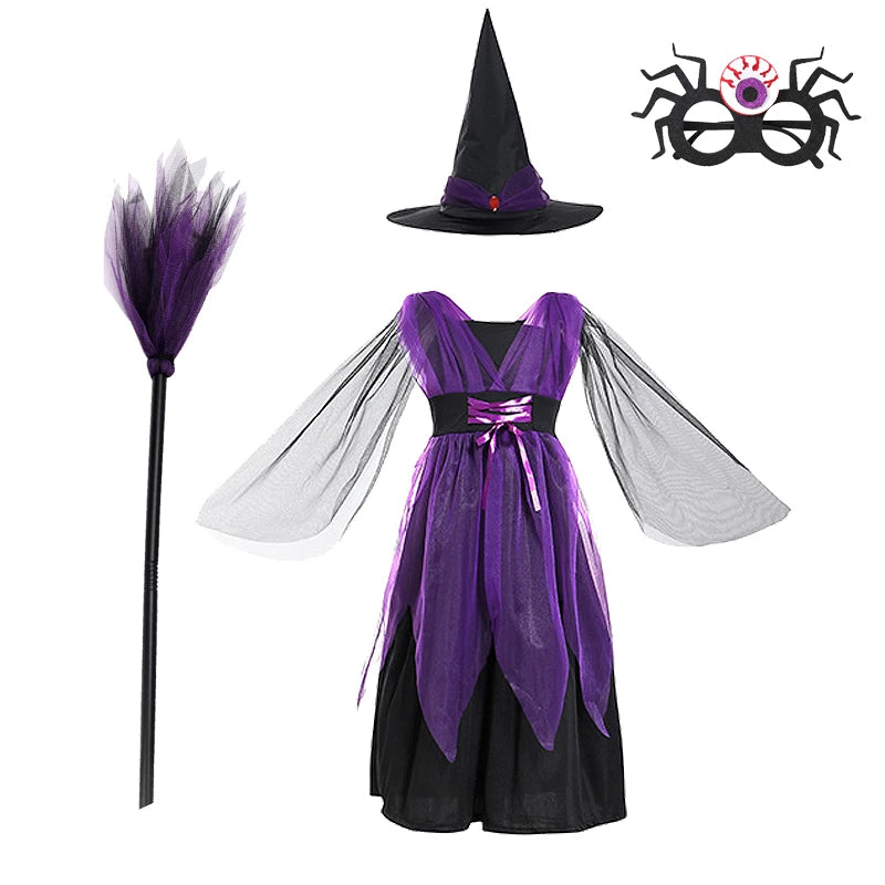 Fantasia de bruxa de Halloween para meninas, vestidos de vampiro para crianças, roupas de festa de carnaval, roupas para crianças