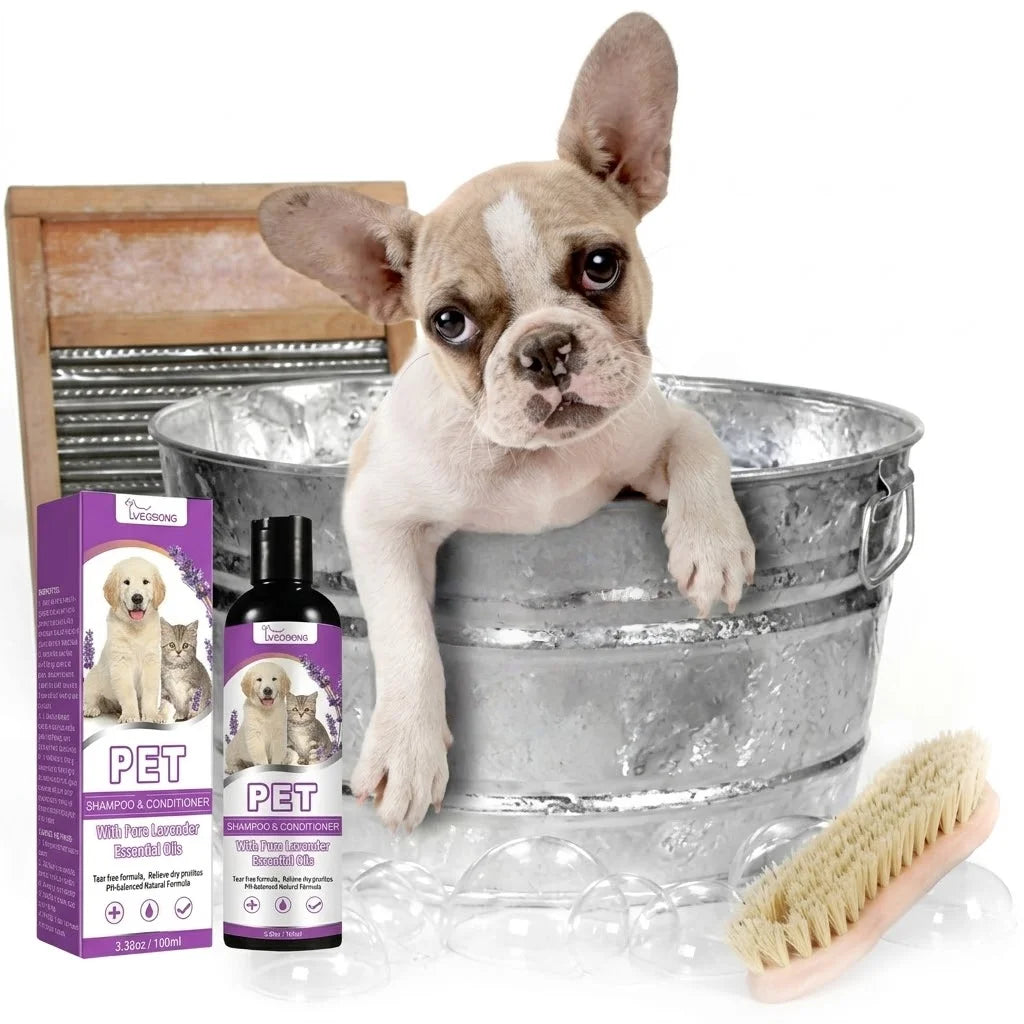 Shampoo e Condicionador para Animais de Estimação com Óleos Essenciais Puros de Lavanda, Fórmula Sem Lágrimas para Cães e Gatos, pH Balanceado, Cuidado Suave 100ml