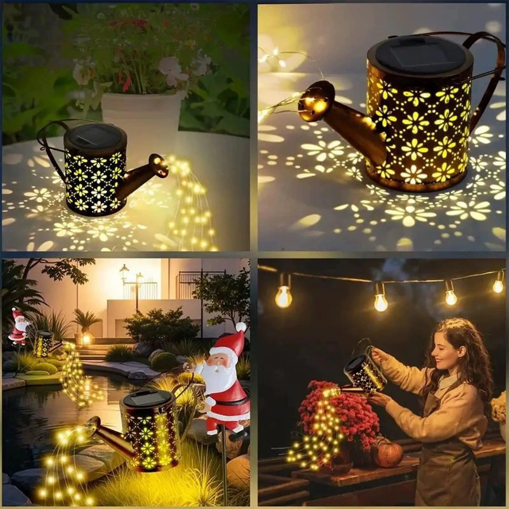 Lanterna de jardim solar com motivos natalinos, em forma de regador, com luzes LED, para uso exterior, à prova de água, em metal, para decoração de jardins e pátios.