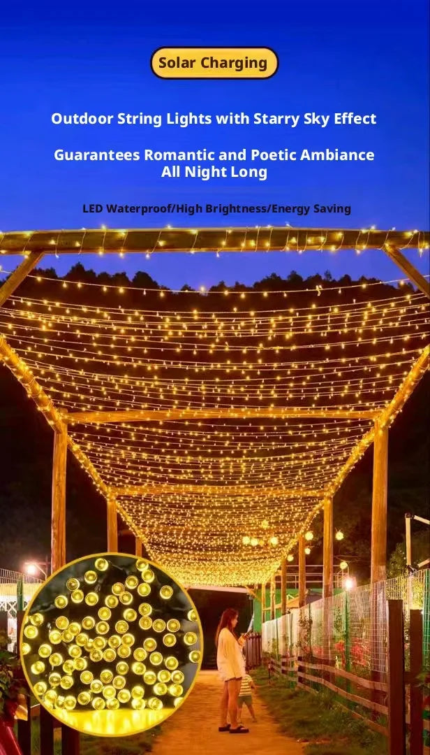 Luzes de Cordão Solares LED 300LED 8 Modos à Prova d'Água Luzes de Fada Alimentadas por Energia Solar para Decoração de Natal ao Ar Livre Lâmpada Estrelada