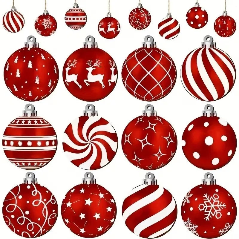 12 enfeites de Natal em forma de bolas de madeira, vermelhas, redondas, para pendurar, com padrão clássico.