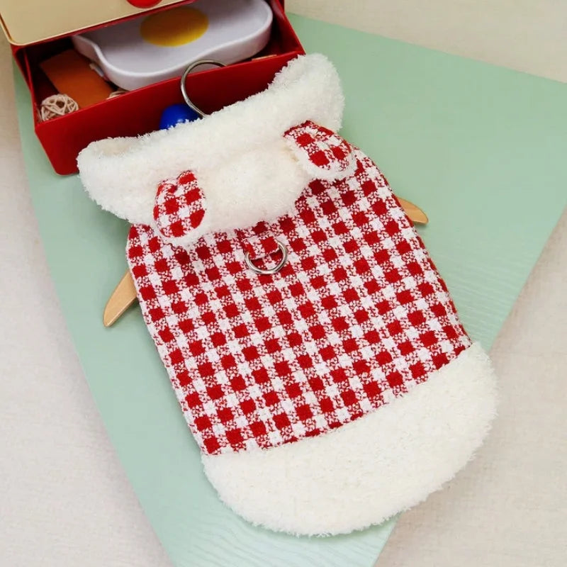 Quente de pelúcia cão com capuz jaqueta bonito arco vestido do cão casaco inverno animal de estimação filhote de cachorro traje vermelho xadrez gato jaqueta casaco pet cardigan roupas para cães