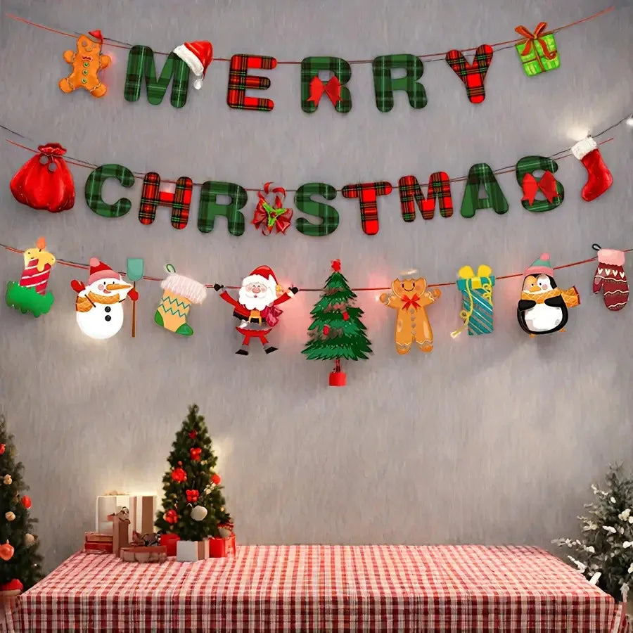 Conjunto de Decoração para Festa de Natal - Faixa de Feliz Natal e Decorações de Fundo Festivas, Enfeites Suspensos para Casa.