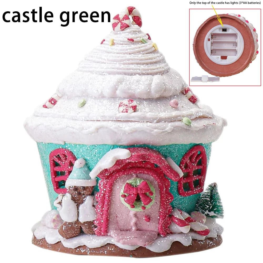 Castelo luminoso de natal, decoração de árvore de natal, ornamentos de argila macia, acessórios fofos de macaron, suprimentos para feriados de natal