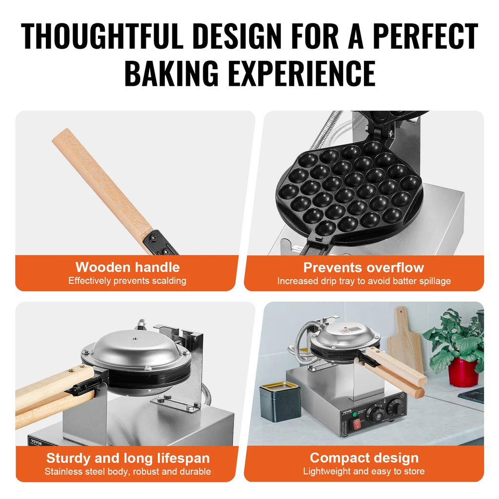 SucceBuy Máquina comercial de waffle com bolhas de ovo 1400W antiaderente em aço inoxidável com 180 °   2 panelas giratórias e alças de madeira