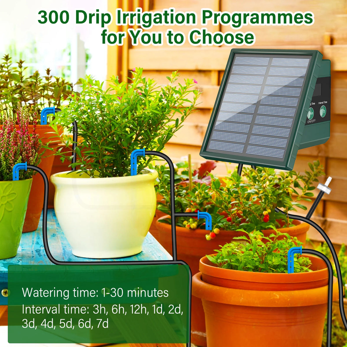 Sistema de irrigação solar, sistema de rega automático com 300 programas de rega, kit de rega para jardim com mangueira de 10m e 10 pontas de gotejamento, etc., adequado para vegetais/plantas em vasos/árvores frutíferas