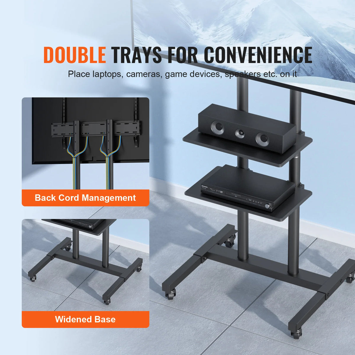 SucceBuy Suporte de TV móvel Suporte de TV com altura ajustável com rodas Bandeja dupla para dispositivos audiovisuais Suporte de TV rolante para quarto