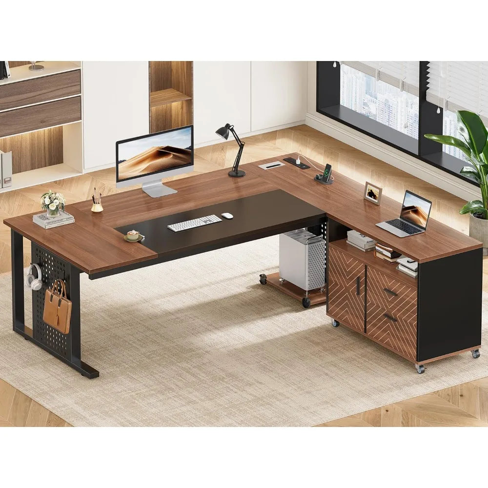 Mesa Executiva de 71 polegadas com Armário Arquivador com Rodas, Mesa de Escritório Grande com Gavetas, Mesa de Computador em L com Tomada, Personalizável
