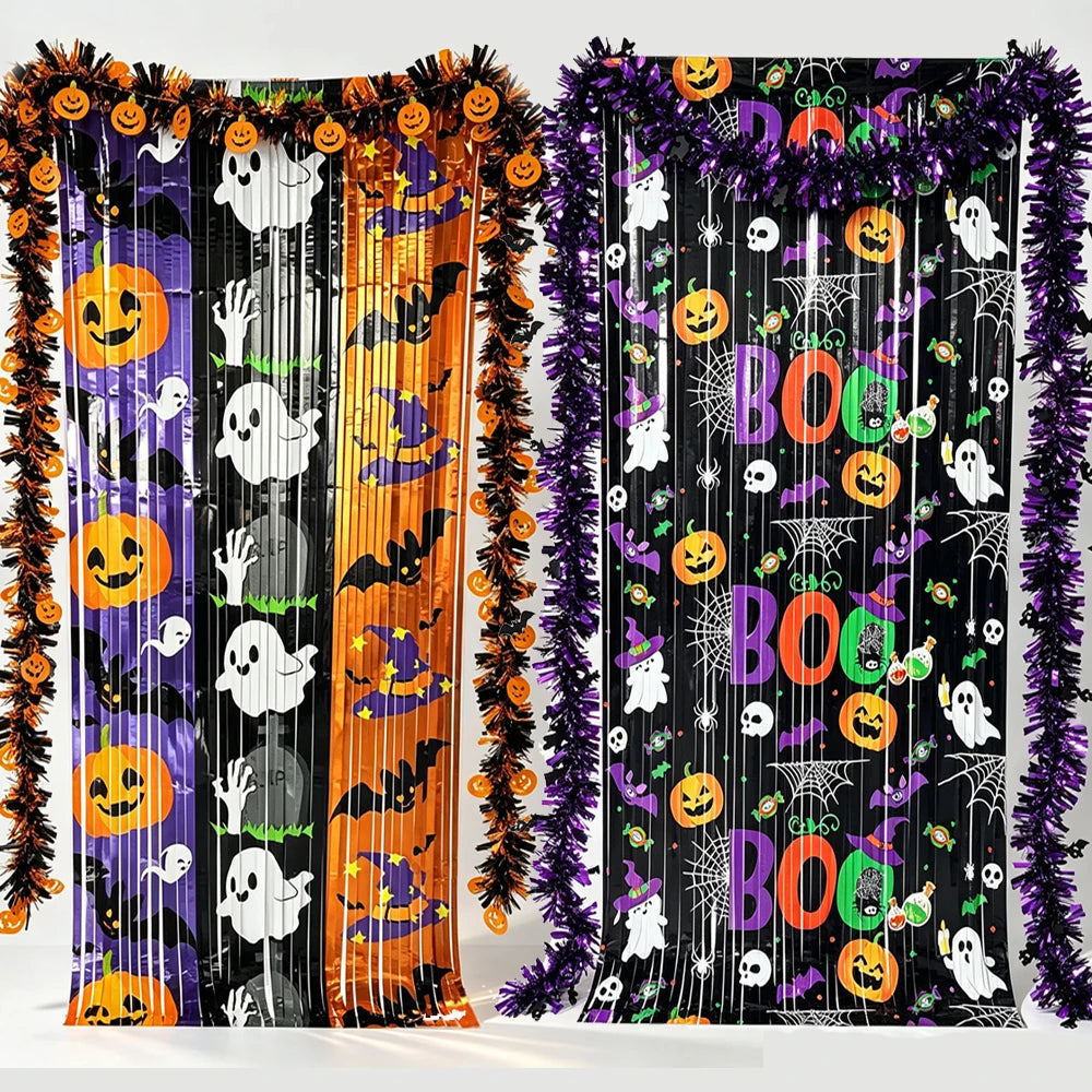 Cortina de Franjas Metalizadas de Halloween, Guirlanda de Enfeites, Painel de Fundo para Fotos com Estampas de Abóbora, Fantasma, Morcego e Boo, Decorações Suspensas para Portas e Paredes de Festa de Halloween